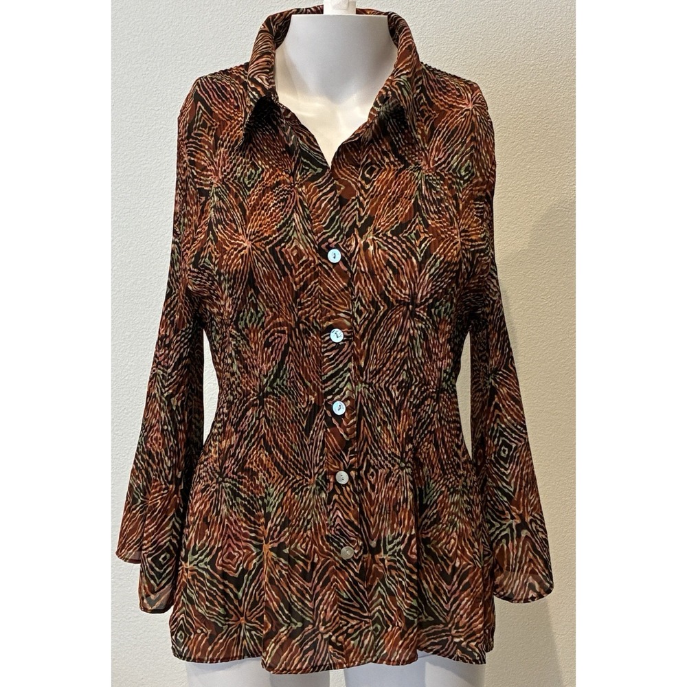 Sere Nade New York Accordion Pleated Flare Sleeve‎ Blouse Sz L Brown Geo Office
